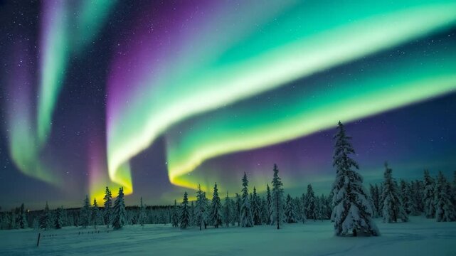 northern lights dancing in the sky over snowy pine forest, beautiful aurora borealis in vibrant green and purple colors during night
