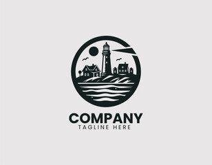 Fototapeta premium Coastal Lighthouse with Building Vector Logo Design, Beach Lighthouse with Structure Vector Logo, Maritime Lighthouse with Building Illustration Logo