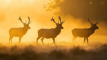 Obraz premium Majestic Stags Silhouetted Against a Misty Sunrise with Golden Light in a Serene Natural Landscape