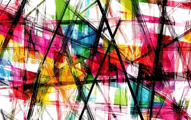 Vibrant, chaotic abstract art featuring intersecting lines and bold color blocks