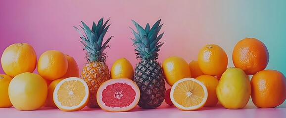 Vibrant citrus fruits and pineapples arranged on a pink surface against a colorful backdrop