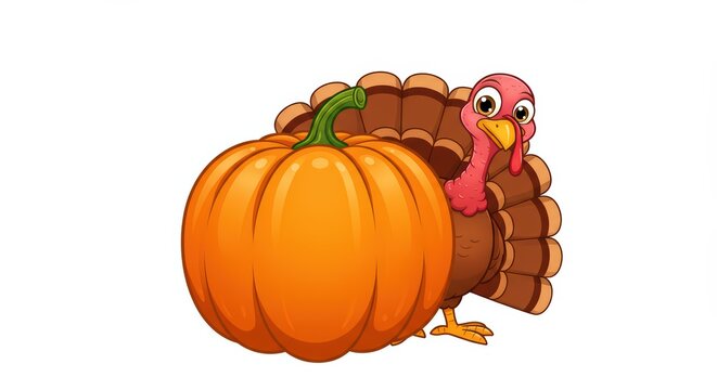 Happy Thanksgiving! Turkey and Pumpkin Cartoon Illustration