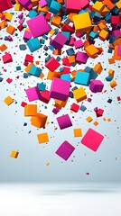 Vibrant cubes descend against a soft background, creating depth and dynamic motion