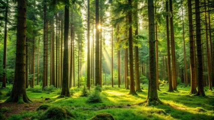 Obraz premium Dense forest with tall trees and undergrowth, woodland, woods