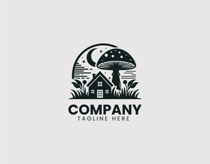 Enchanting Mushroom House in Unique Landscape Vector Logo Design, Charming Mushroom Home in Whimsical Landscape Vector Logo