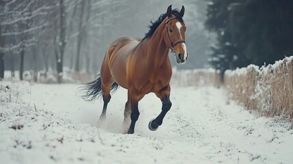 Obraz premium Majestic Horse Galloping Through Snowy Landscape in Winter Wonderland Setting with Trees and Soft Light