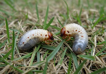 Two grub worms crawling on blades of grass in a garden