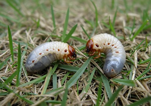 Two grub worms crawling on blades of grass in a garden