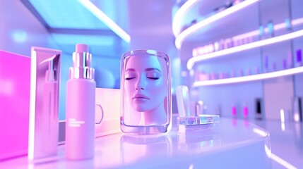 Modern Beauty Clinic, Futuristic Spa and Cosmetic Products Display with Neon Lighting