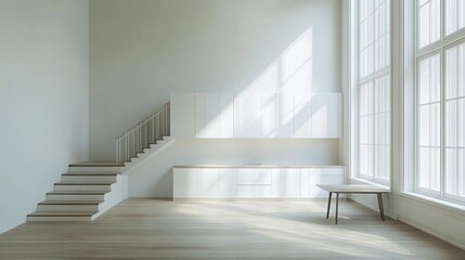 Obraz premium Empty, sunlit, modern, interior, kitchen, and staircase.