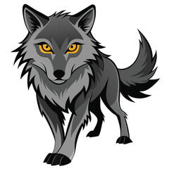 A gray wolf with piercing yellow eyes walks forward  a white background