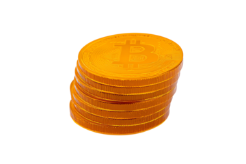 A stack of golden Bitcoin coins featuring the distinctive Bitcoin symbol.