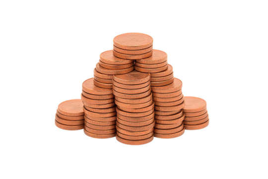 A neatly stacked pyramid of copper coins arranged in multiple columns.