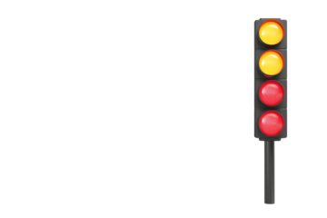 A modern traffic light with illuminated yellow and red signals on a vertical pole.