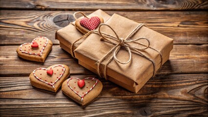 Fototapeta premium Rustic wooden surface displays thoughtfully wrapped gifts and heart-shaped cookies, perfect for a romantic occasion