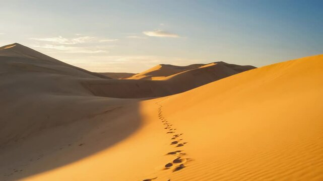 soft golden desert dunes with foot trails under warm sunlight, peaceful dry landscape with quiet nature and sandy hills stretching into the distance