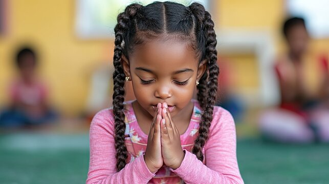 Girl praying with classroom, school, and peace.