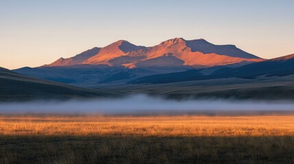 Obraz premium Sunrise over Majestic Mountain Range with Soft Fog in the Valley Captured in Early Morning Light on a Serene Landscape