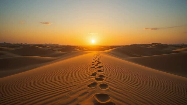 beautiful sunrise over desert sand dunes casting long shadows, warm colors and peaceful curves creating a calm natural dry landscape