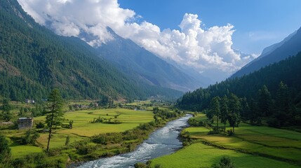 Fototapeta premium Serene Landscape with Lush Green Fields, Flowing River, Majestic Mountains, and Dynamic Cloud Formation under a Bright Blue Sky