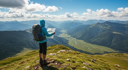 Person reading map on mountain top overlooking scenic landscape