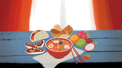 Colorful International Cuisine Illustration – Overhead View of Global Dishes on Blue Table