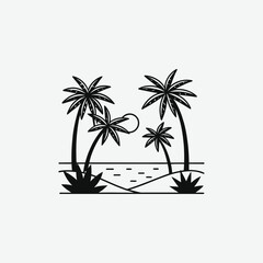 Minimalist Black and White Vector Illustration of Palm Trees, Ocean Waves, and Abstract Tropical Geometric Art