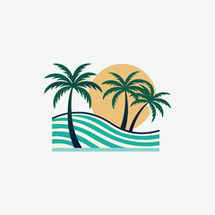 Minimalist Black and White Vector Illustration of Palm Trees, Ocean Waves, and Abstract Tropical Geometric Art