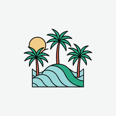 Minimalist Black and White Vector Illustration of Palm Trees, Ocean Waves, and Abstract Tropical Geometric Art