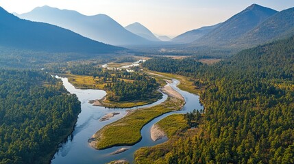 Majestic Scenic View of River Flowing Through Lush Green Forest Surrounded by Towering Mountains Under Clear Blue Sky at Sunrise
