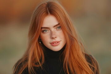 Naklejka premium Portrait of Redhead Woman with Freckles and Black Turtleneck Sweater, People and Portraits with Bokeh Concept