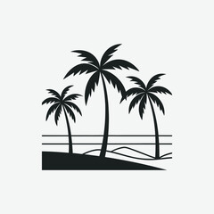 Minimalist Black and White Vector Illustration of Palm Trees, Ocean Waves, and Abstract Tropical Geometric Art