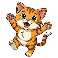 A happy tabby kitten with its mouth open and paws in the air appears to be leaping a white background