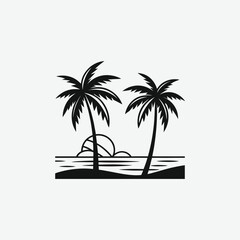 Minimalist Black and White Vector Illustration of Palm Trees, Ocean Waves, and Abstract Tropical Geometric Art