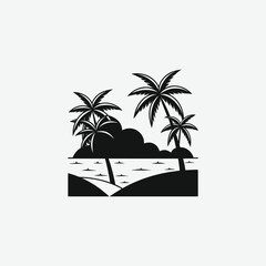 Minimalist Black and White Vector Illustration of Palm Trees, Ocean Waves, and Abstract Tropical Geometric Art