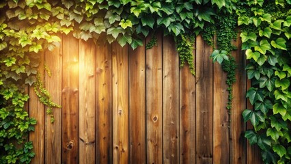 Fototapeta premium Lush Green Ivy Vines Cascading Over a Rustic Wooden Fence, Bathed in Warm Sunlight, Creating a Serene Natural Background