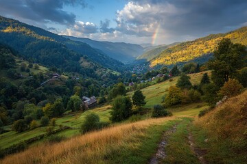Obraz premium Autumn Mountain Valley With Rainbow Sunset View