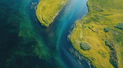 Aerial View of Serene River Curving Through Lush Green Landscape with Vibrant Yellow Grass and Clear Water Reflecting Nature's Beauty