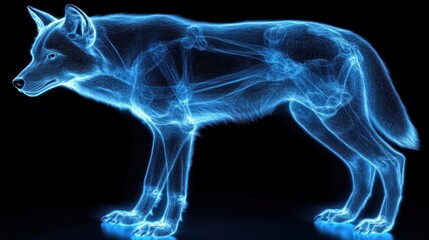 Blue Wolf Skeleton Anatomy, 3D Render, Dark Background, Medical Illustration