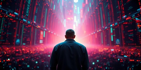 Back view of figure receding from giant data stream,  flat design,  digital