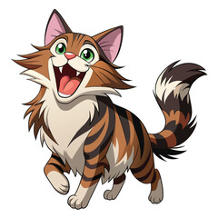 A happy tabby kitten with its mouth open and paws in the air appears to be leaping a white background