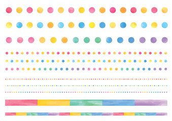 様々な太さの水彩風のカラフルなドットと帯の飾り線セット