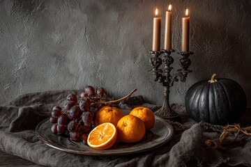 Obraz premium Dark Still Life With Pumpkins, Oranges, and Grapes