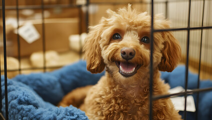 Happy poodle dog in cage