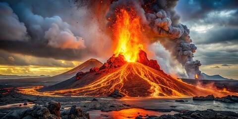 Volcanic Eruption with Red and Orange Lava Flows, molten rock, explosive forces