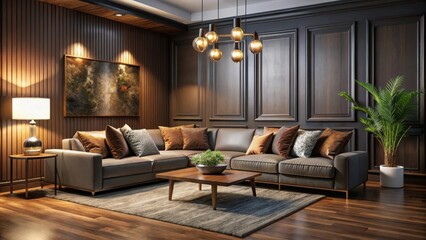 Luxurious living room with dark walls, plush sectional sofa, and floor lamps, creating a cozy ambiance with rich wood furniture and warm lighting, relaxation, upscale decor