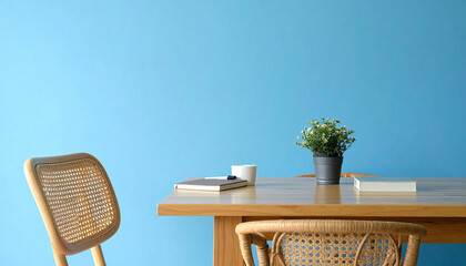 青の壁に木製のテーブルと椅子。Wooden table and chairs against a blue wall.