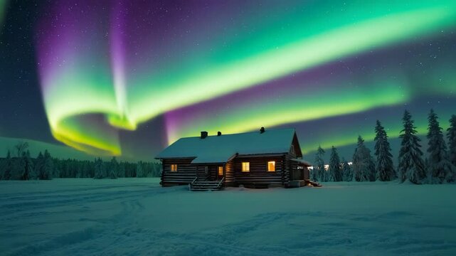 aurora borealis moving across the sky over snowy forest, calm and magical night with glowing green lights and starry background
