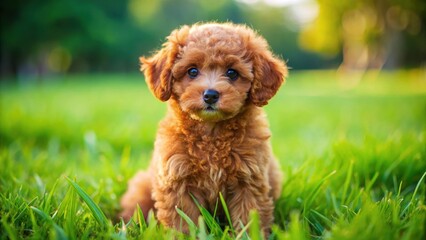Fototapeta premium Adorable red toy poodle puppy sitting on lush green grass with its front legs folded under its body, looking up at the camera with big brown eyes , red dogs, green grass