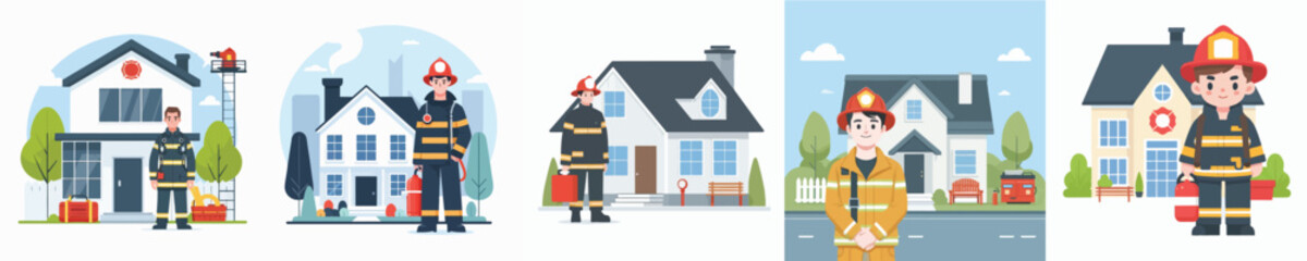 firefighter standing in front of house vector